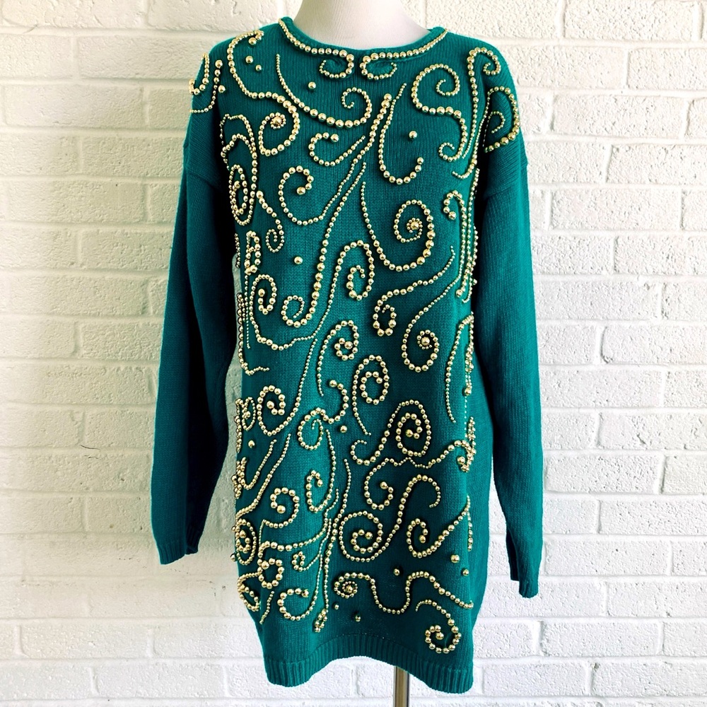 Vintage Victoria Jones 90's Sweater Large Embellished Tunic knit Green Christmas